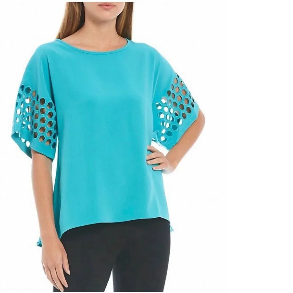 Ali Miles Tunic Top Aqua Laced Short Sleeve Cold Shoulder Blouse Women’s Plus 2X